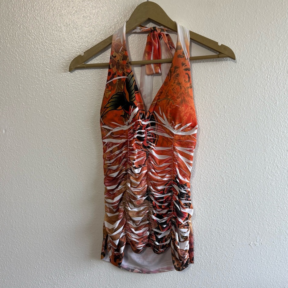 Vintage Y2K O’lala Orange White Babydoll Ruched Halter Neck‎ Top Gypsy Boho Punk